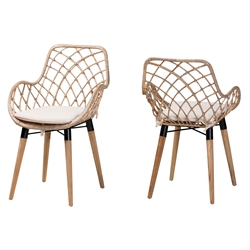 Baxton Studio Ballerina Modern Bohemian Natural Brown Finished Teak Wood and Greywashed Rattan 2-Piece Dining Chair Set